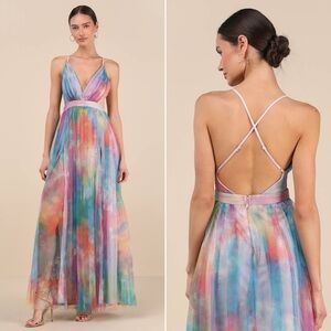 NWOT | Lulus | Elegant Moment Multi Watercolor Tie-Dye Backless Maxi Dress | M
